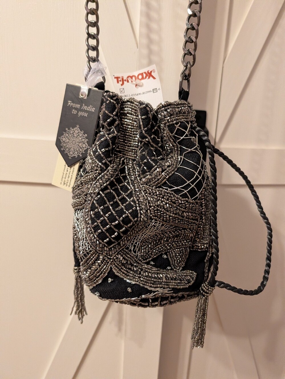Beaded Drawstring Bucket Bag - Black with Silver Beading